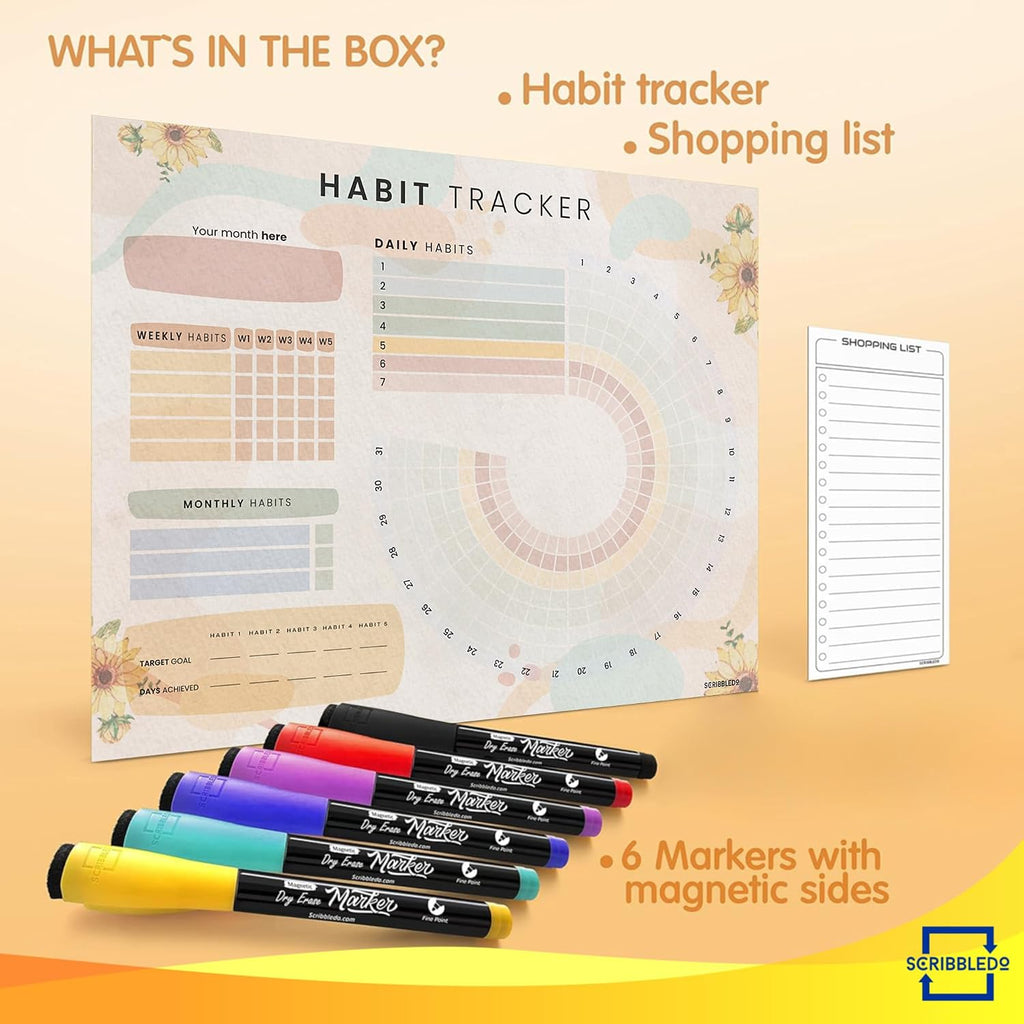 Habit Tracker Journal Workout Motivation Fridge Calendar Dry Erase 13” X 17” Magnet Health Fitness Goal Tracker Goals Board - With Shopping Grocery List - 6 Markers Included - view 7