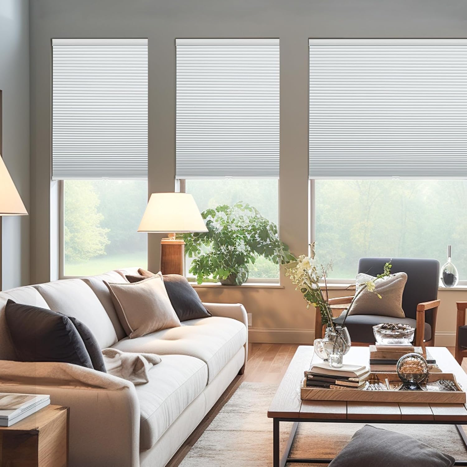 Cordless Cellular Shades,Blackout Honeycomb Shades for Windows,Pull Down Pleated Blinds,Easy to Install for Indoor Windows and French Doors,White(Blackout),34" w x 64" h - view 2