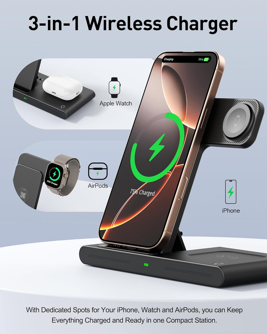 2026 Wireless Charger for Apple and Android Charging Station,3 in 1 Fast Max Charging for iPhone 16 15 14 13 12 Pro Max Plus, Apple Watch Series & Air pods 4 3 2 Pro, Android Samsung Galaxy Series - view 3