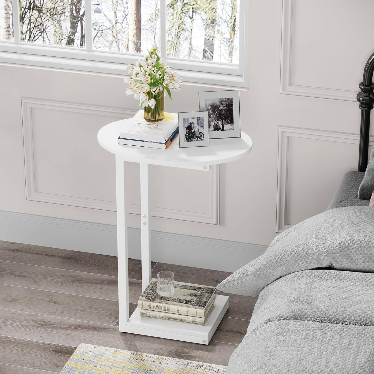 Small Side Table End Table, C Shaped Oval Coffee Table, Wooden TV Tray for Living Room, Bedroom, Couch, Small Spaces (White) - view 2