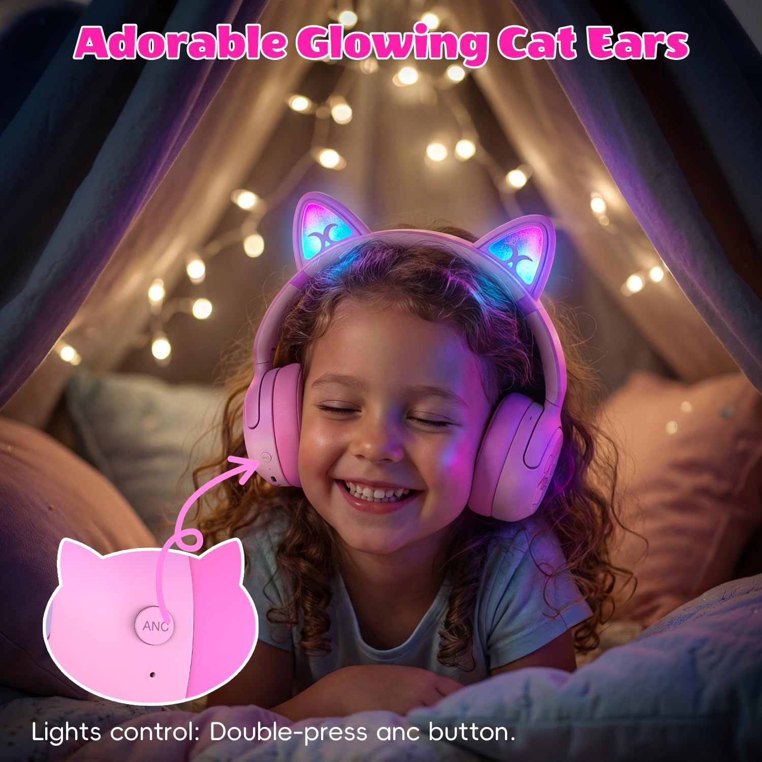 Kids Bluetooth headphones with LED cat ears, 85dB limit, pink, active noise cancelling, 40-hour playtime, Bluetooth 6.0, fast charging, built-in mic, compatible with iPad and tablets - view 3