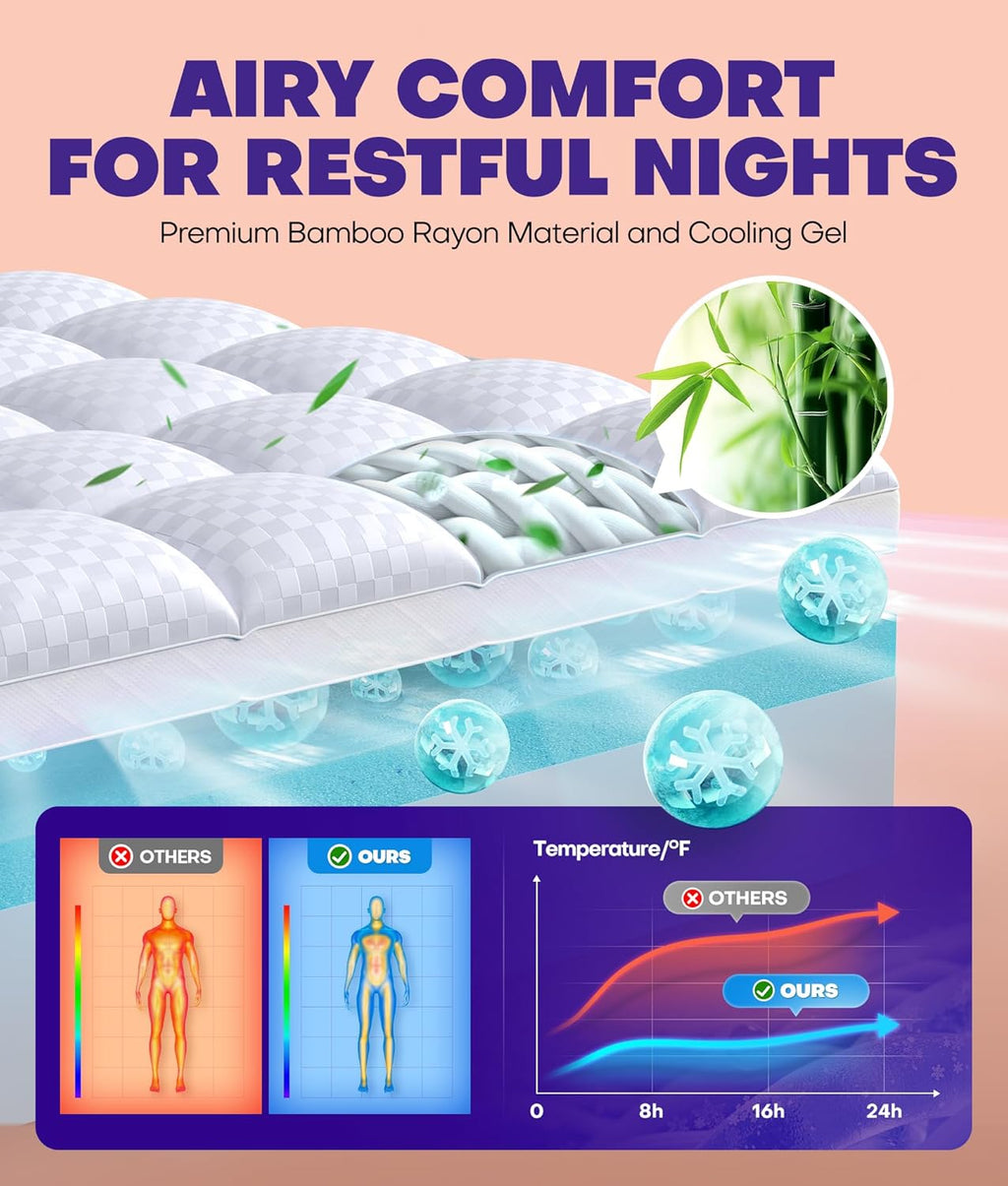 Dual layer 4 inch memory foam mattress topper for pressure relief with 4X support, 2" pillow top full mattress topper 50% viscose made from bamboo plus 2" cooling gel memory foam mattress pad - view 4