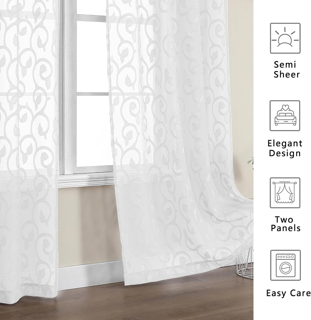 Sheer white curtains 84 inches long for bedroom living room 2 panels set, white curtains jacquard clip light filtering semi sheer curtain rod pocket window drapes, 2 pcs each 40 W 84 L - view 3