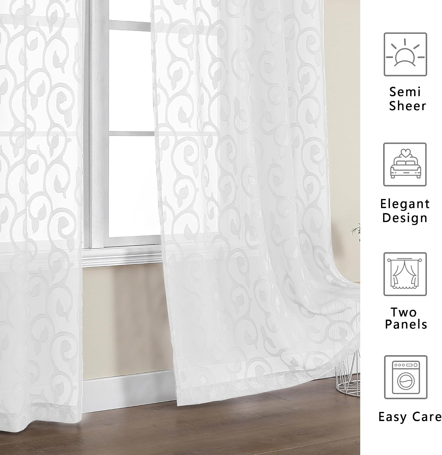 Sheer white curtains 84 inches long for bedroom living room 2 panels set, white curtains jacquard clip light filtering semi sheer curtain rod pocket window drapes, 2 pcs each 40 W 84 L - view 3