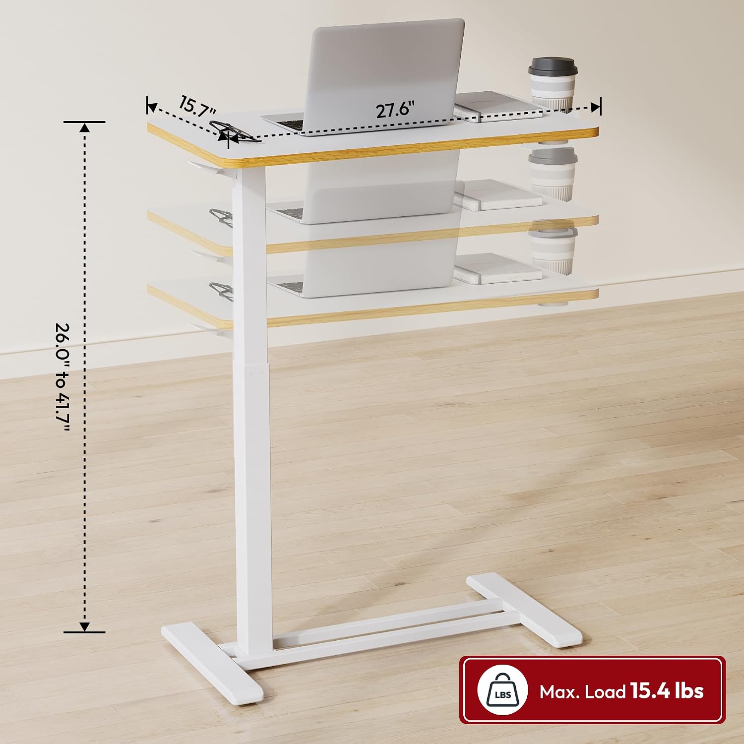 Medical Adjustable Overbed Bedside Table with Hidden Casters, Pneumatic Mobile Laptop Computer Standing Desk Cart Overbed Table with Tray, Hospital and Home Use(27.6" W x 15.7" D, White) - view 2