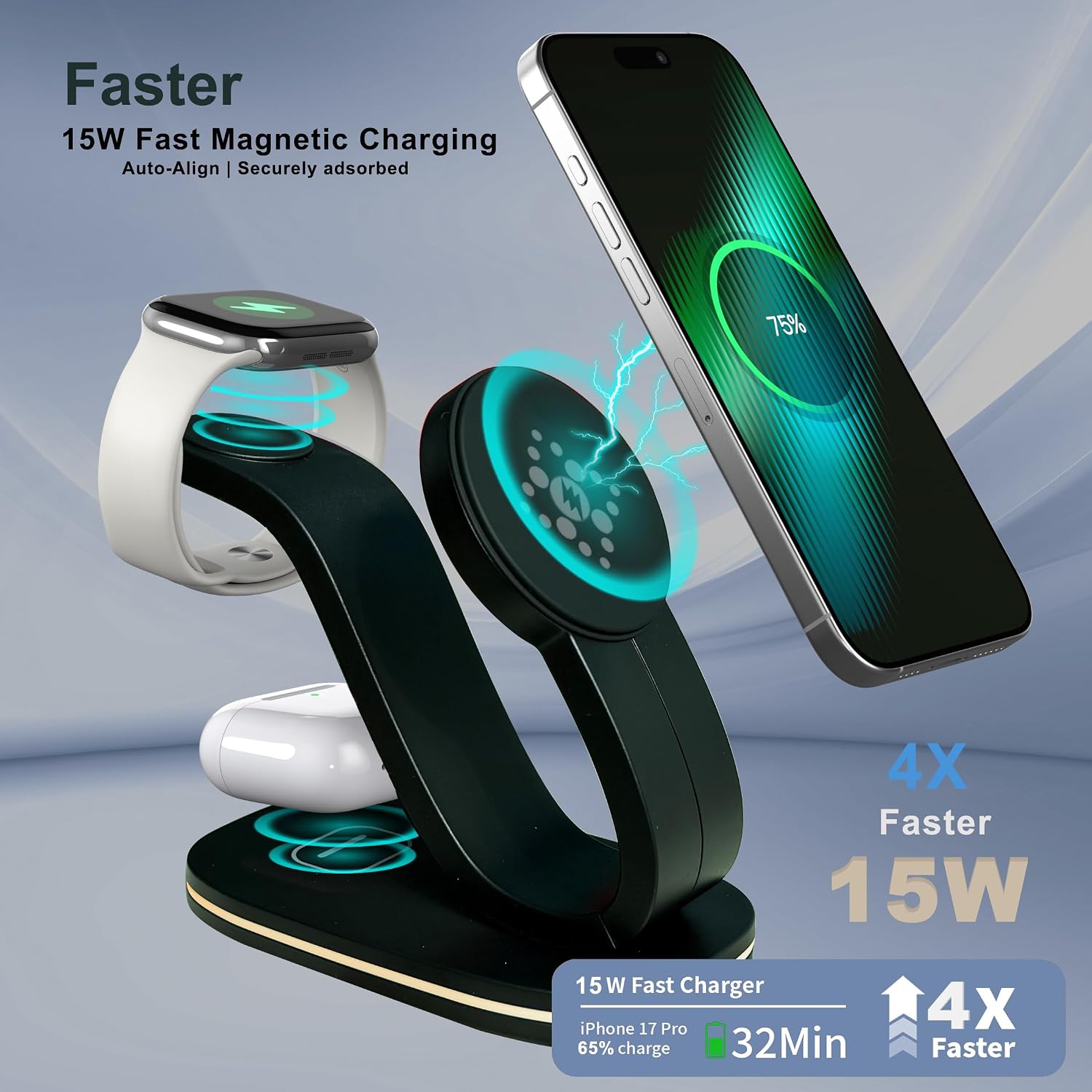 Wireless charger 3 in 1 for iPhone, magnetic charging station for Apple family with adjustable multicolor ambient light, 15W fast MagSafe charger stand, for iPhone17-12-iWatch AirPods series - view 2