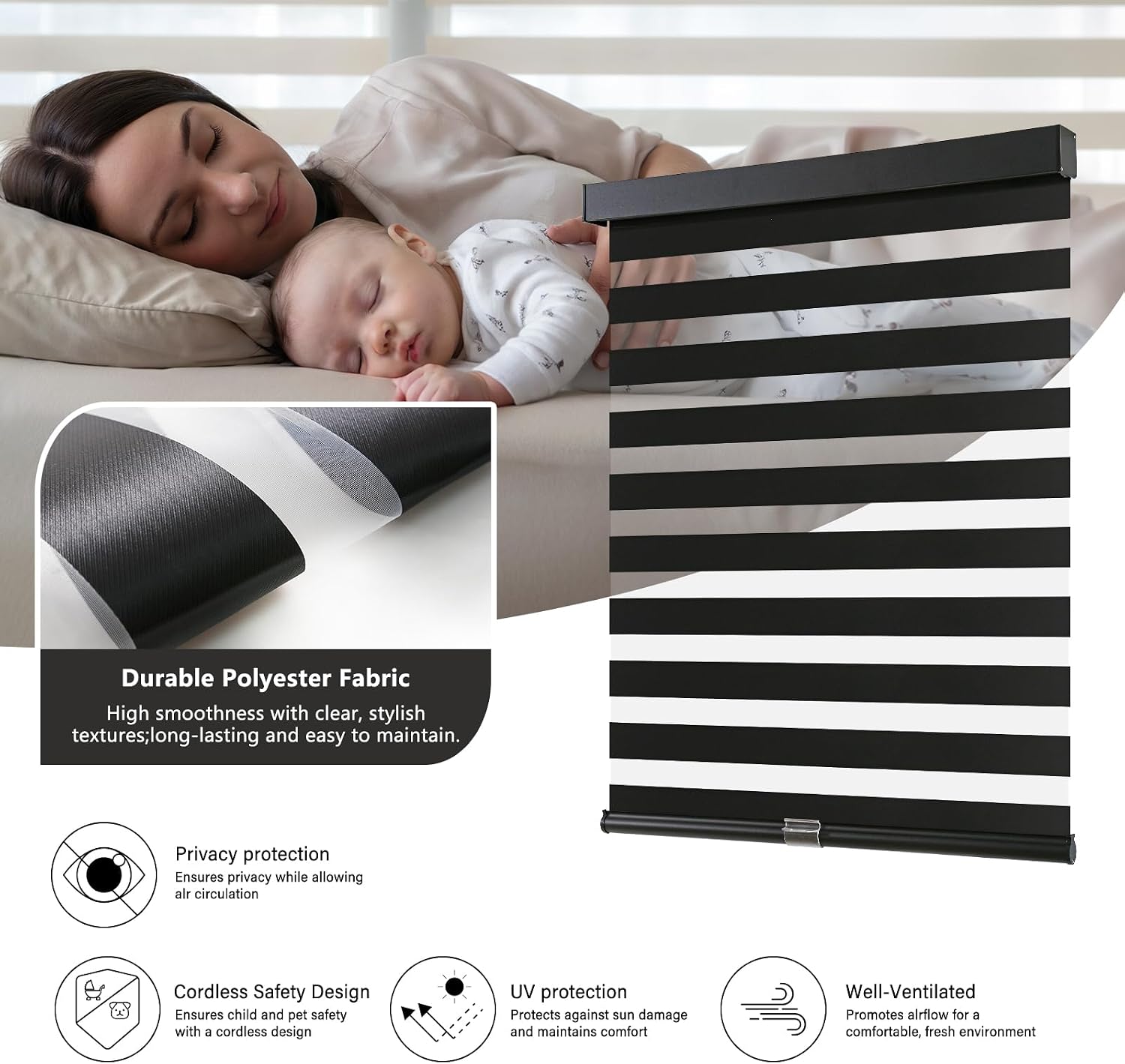 Cordless Zebra Blinds for Indoor Windows, 15" W x 72" H, Black | Light Filtering Roller Window Shade, Dual Layer Light Control for Day & Night, Pull Down Blind Easy Install, Child & Pet Safe - view 3