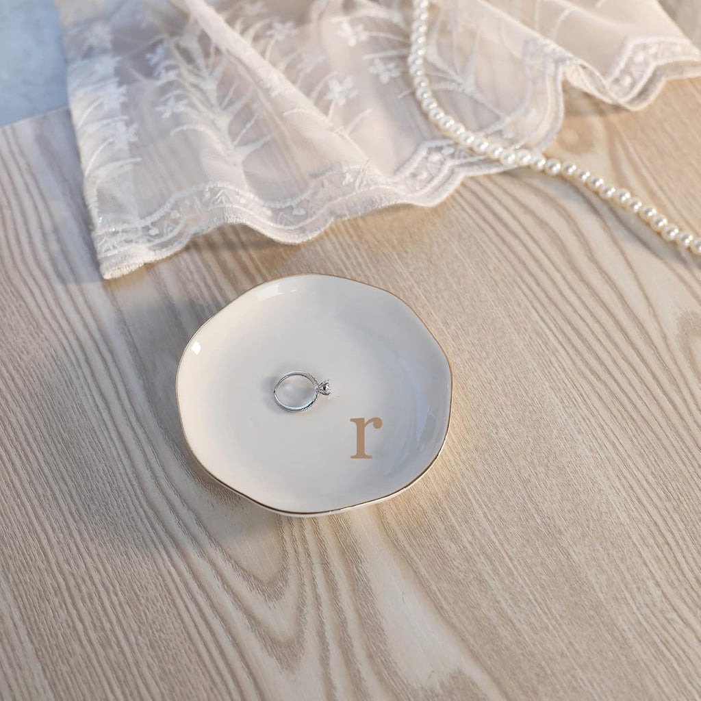 Initials ring dish jewelry tray with personalized R-monogrammed engagement wedding gifts for friends, sister, birthday Christmas gifts for women, ceramic white - view 4