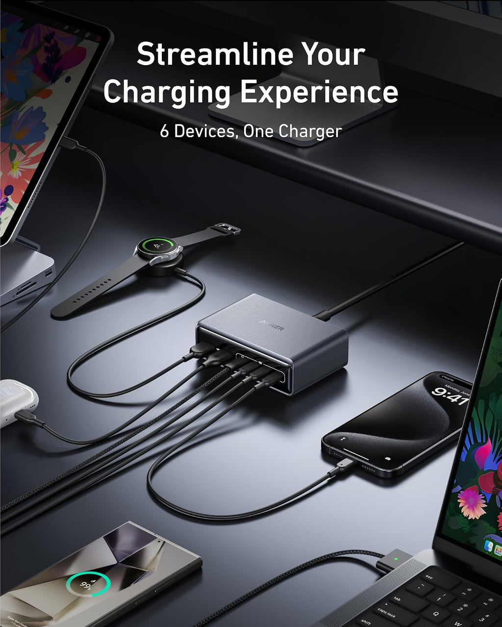 Prime Charging Station, 200W 6-Port GaN Desktop Charger | Fast Charging USB C Charger for Multiple Devices, Compatible with iPhone, Galaxy, MacBook, Dell and More - view 4