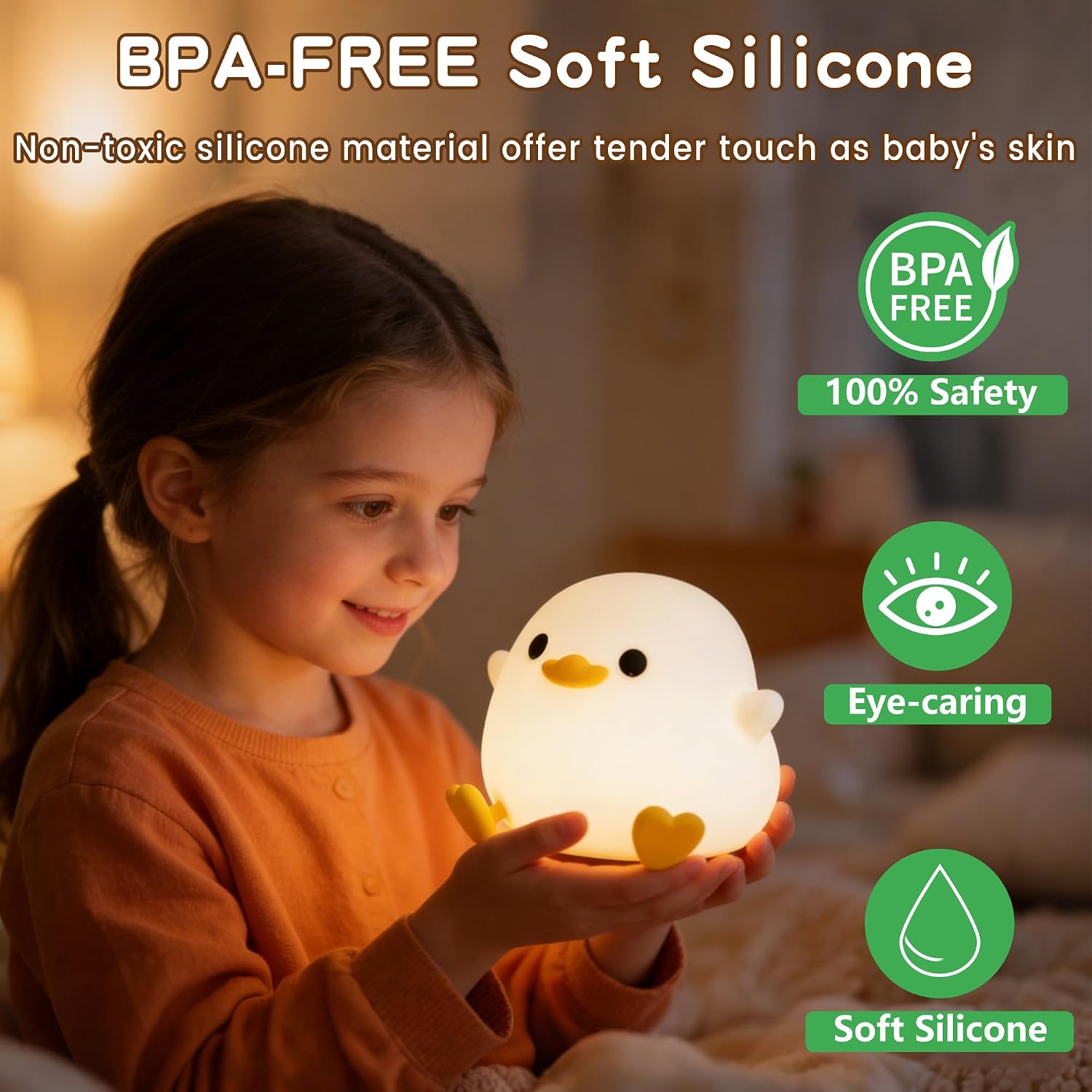 Night light, squishy silicone bedside light for baby nursery | BPA-free silicone, dimmable, 20min timer, rechargeable touch light, cute ducky lamp, boys girls room decor, gift for kids - view 2