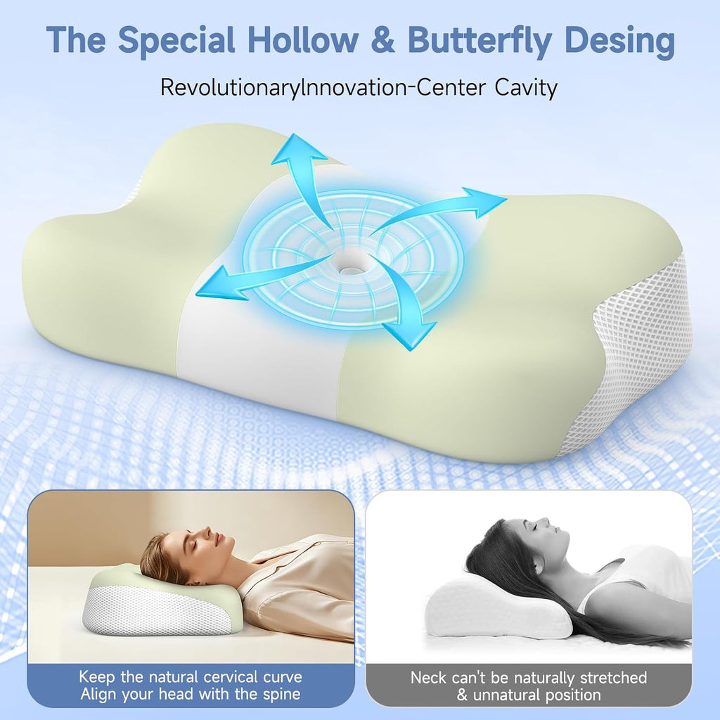 Memory Foam Cervical Pillow, Neck Comfort Support,Ergonomic High-Low Contour Neck Pillow, Supportive Sleeping Pillow for Side, Back, Stomach Sleepers, Removable Washable Cover(Green) - view 7