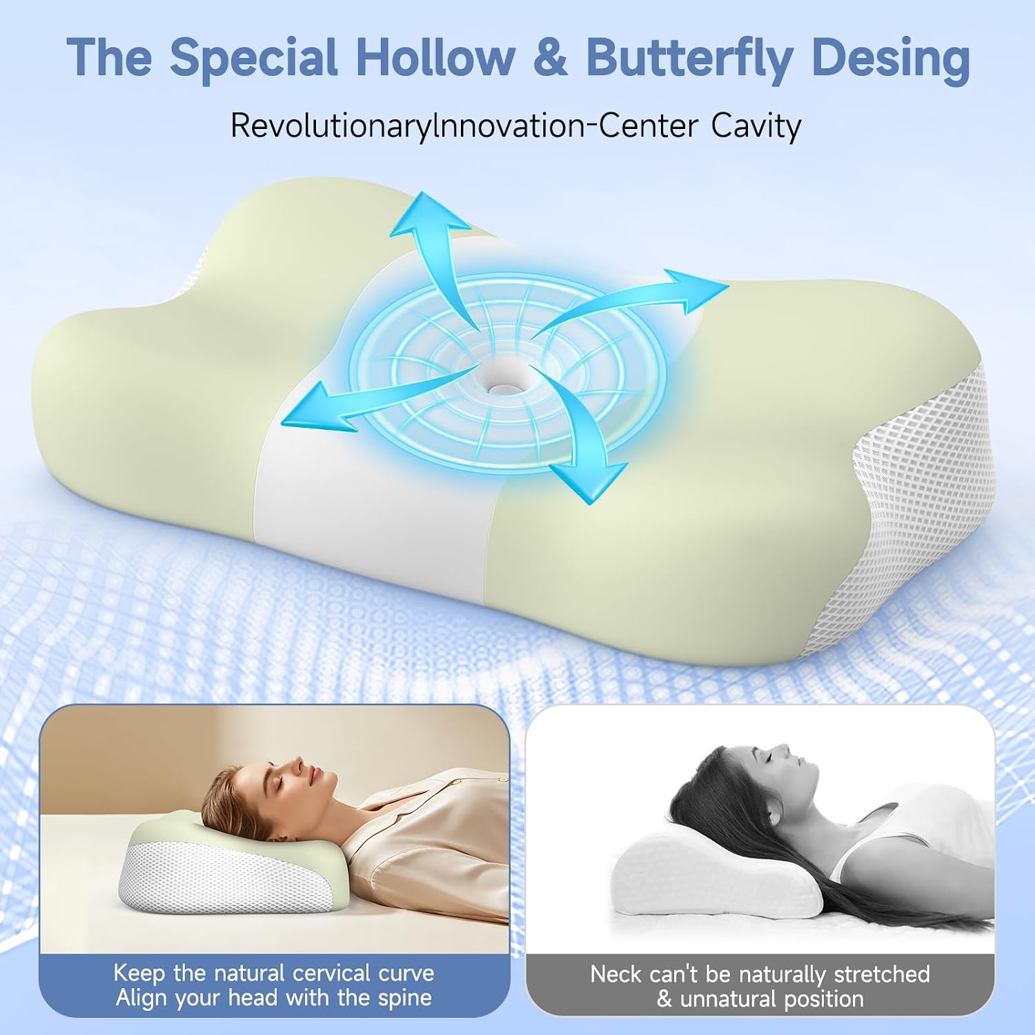 Memory Foam Cervical Pillow, Neck Comfort Support,Ergonomic High-Low Contour Neck Pillow, Supportive Sleeping Pillow for Side, Back, Stomach Sleepers, Removable Washable Cover(Green) - view 7