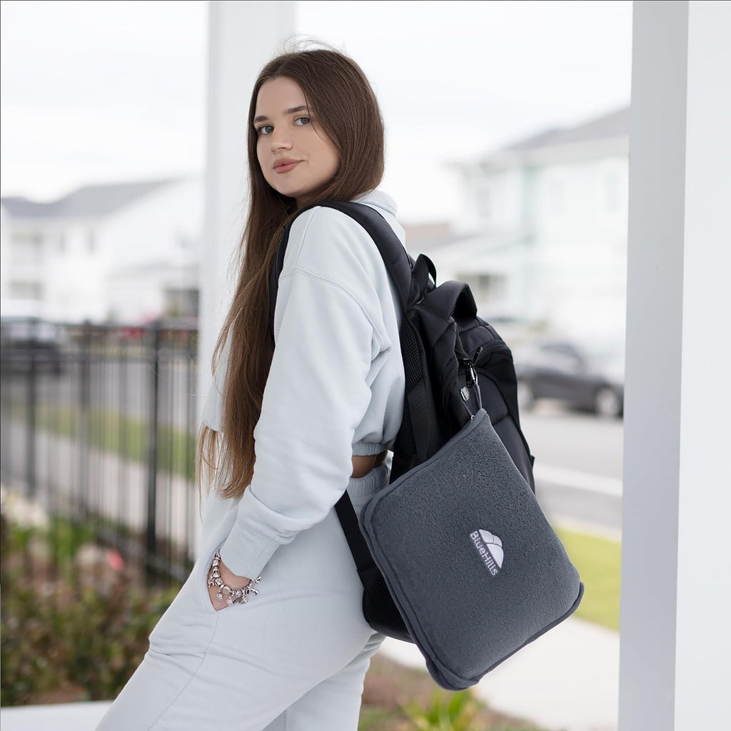Premium Soft Travel Blanket Pillow 2-in-1 Airplane Warm - Gray | 2 in 1 Airplane Blanket Pillow, Hand Luggage Strap & Backpack Clip, Lightweight & Compact, Must Have Essential Travel Gifts - view 8