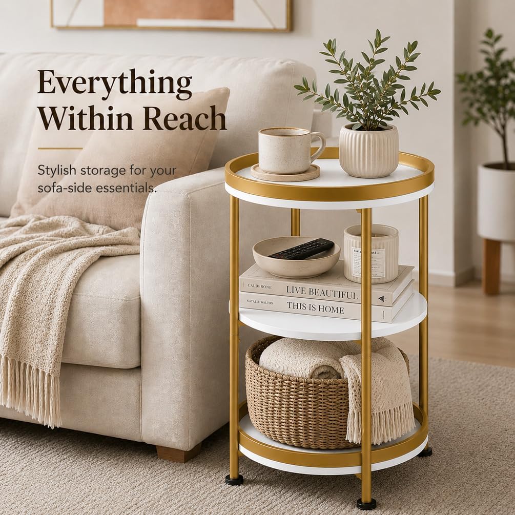 Round Side Table with Storage Tray for Living Room, 15" L x 15" W x 24" H Bedroom Nightstand 3 Tiers Bedside Table with Steel Frame for Small Spaces (White & Gold) - view 3