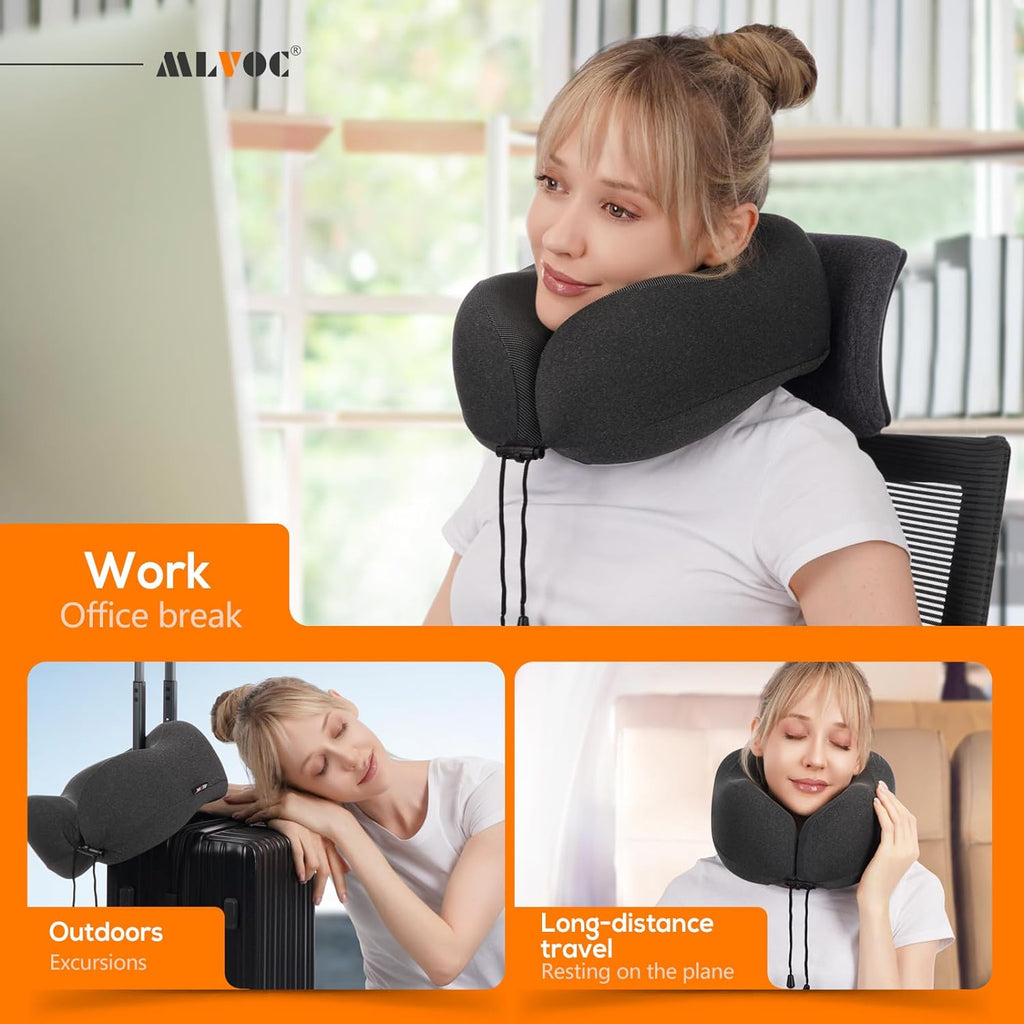 Airplane travel neck pillow for sleeping, 3D-eye mask & earplugs kit | 3-in-1 travel kit, eye mask + earplugs, curved neck & chin support, rope lock fit, memory foam keeps it's shape - view 6