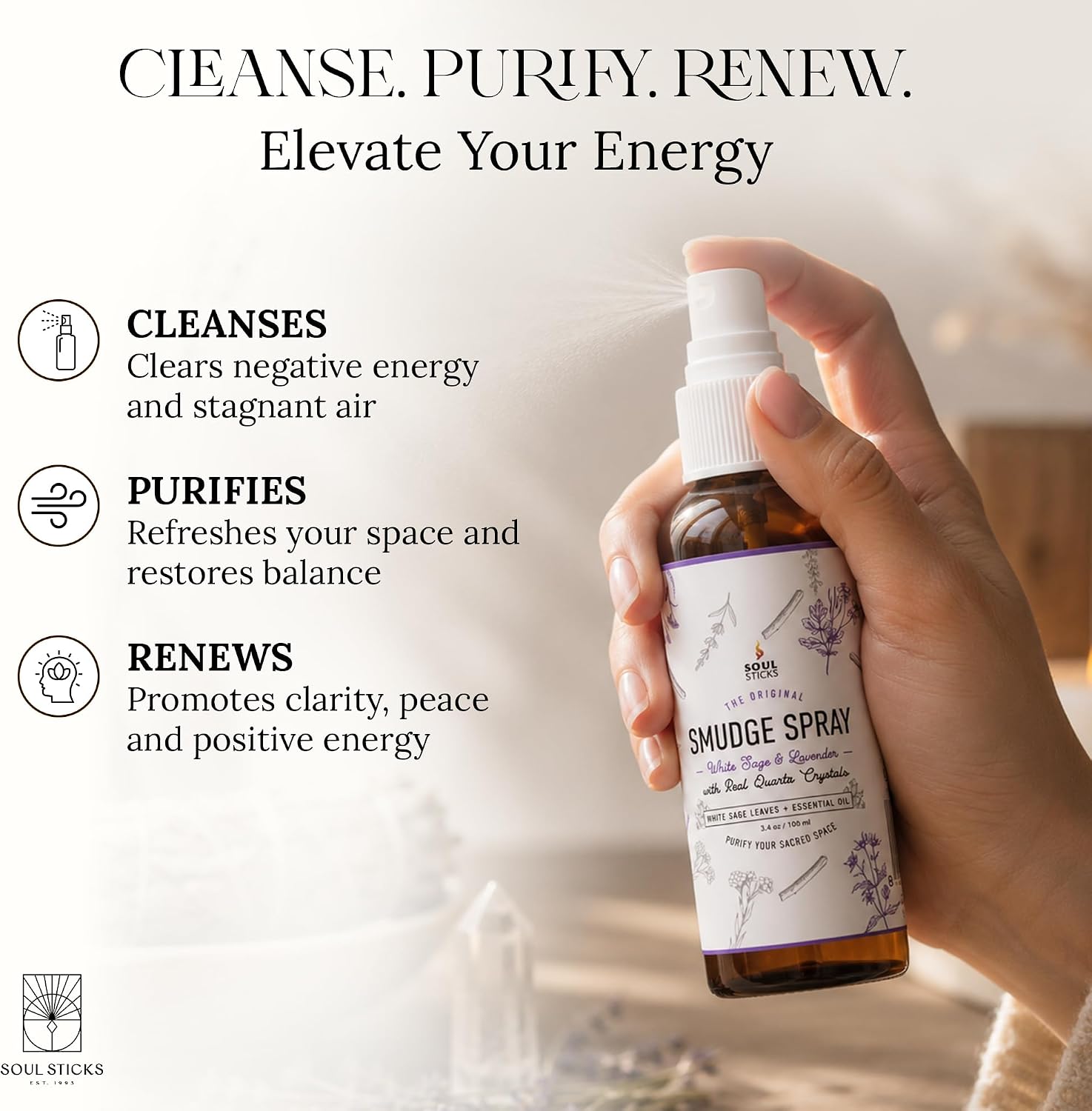 White Sage & Lavender Smudge Spray – 3.5oz Smokeless Mist with Quartz Crystals – Calming Essential Oil Spray for Sleep, Stress Relief, Meditation, and Energy Cleansing - view 3