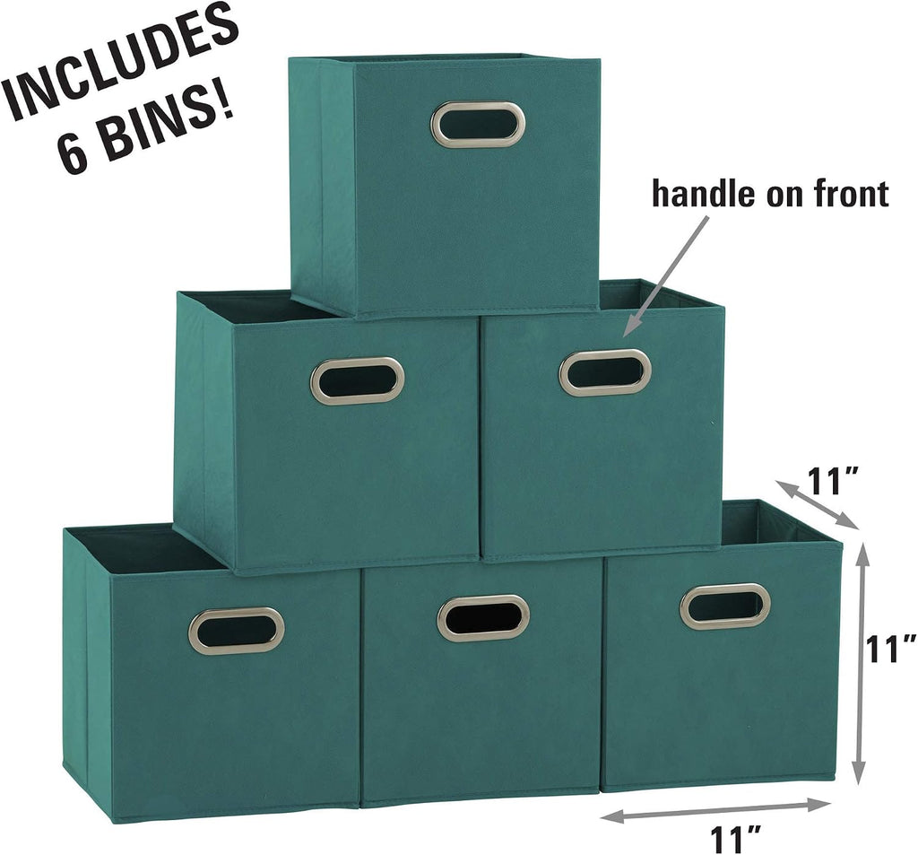 Fabric Storage Bins in Strong Poly‑Woven Fabric, Sturdy Chipboard Sides, Grommet Front Handle, Teal Green, Set of 6 - view 2