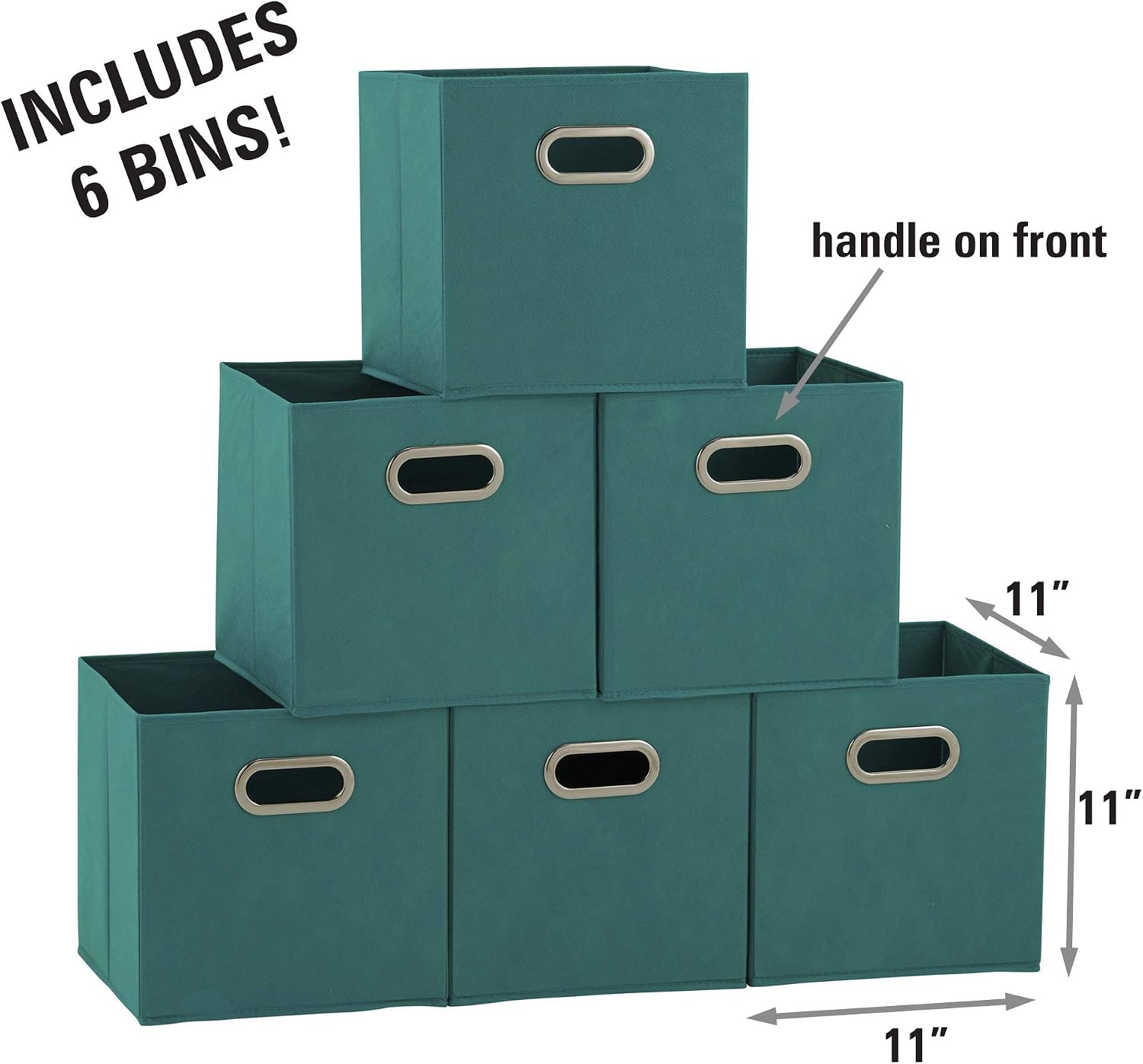 Fabric Storage Bins in Strong Poly‑Woven Fabric, Sturdy Chipboard Sides, Grommet Front Handle, Teal Green, Set of 6 - view 2