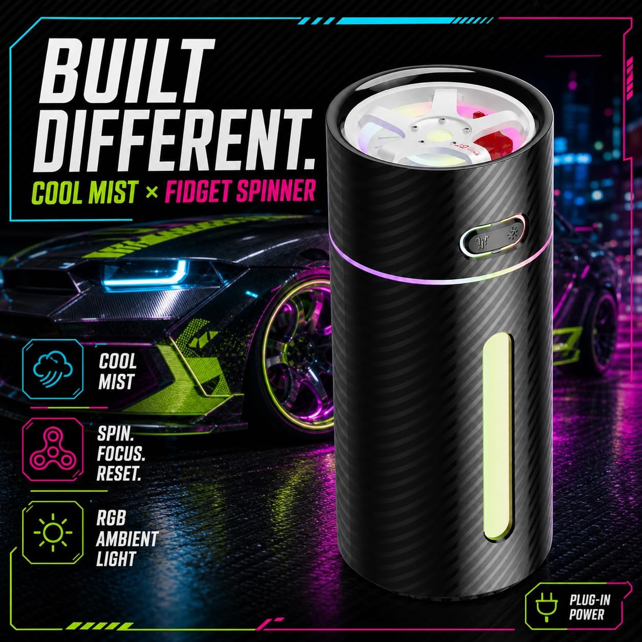 Plug-In Travel Humidifier with Rim-Inspired Fidget Spinner, 9 fl oz USB-C Powered Portable Mini Cool Mist Personal Humidifier for Car, Office, Desk and Hotel - view 8