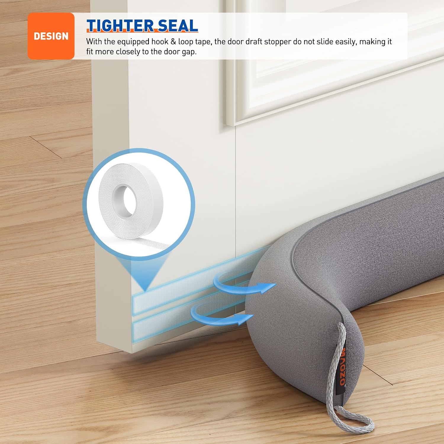 Door draft stopper 36 inches, energy saving, gray | weighted sound proofing for door draft blocker, under door gap filler with machine washable fabric - view 6