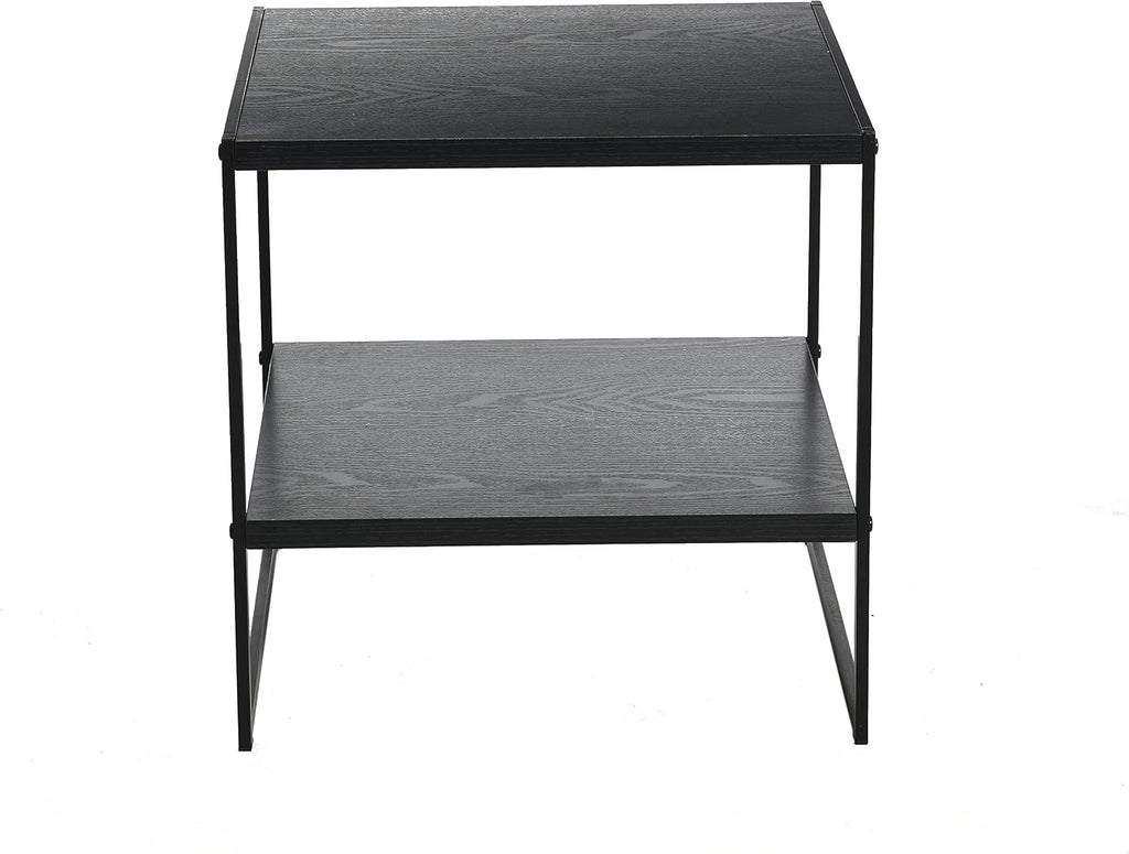 Square Side End Table with Storage Shelf, Oak Wood Grain and Black Metal Frame, Black - view 4