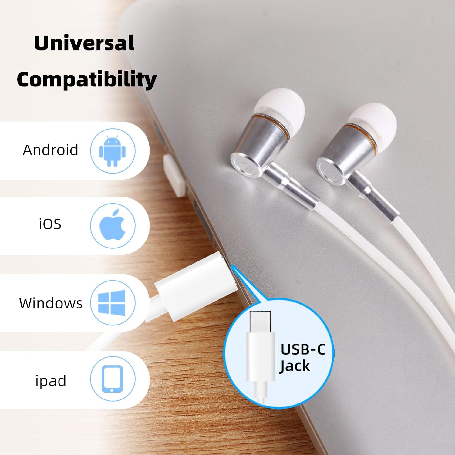 Airtube Headphones for Safe Listening with Microphone Volume Control, Air Tube Earbuds with Type C for Hearing Protection, Wired Headsets with 3 Eartips for Work, Meeting, Sleep, Gym (White) - view 2