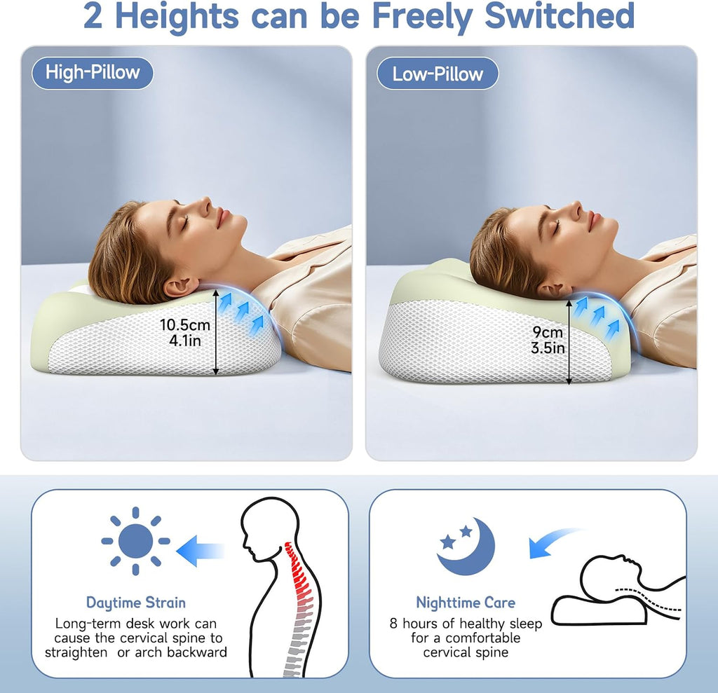 Memory Foam Cervical Pillow, Neck Comfort Support,Ergonomic High-Low Contour Neck Pillow, Supportive Sleeping Pillow for Side, Back, Stomach Sleepers, Removable Washable Cover(Green) - view 3