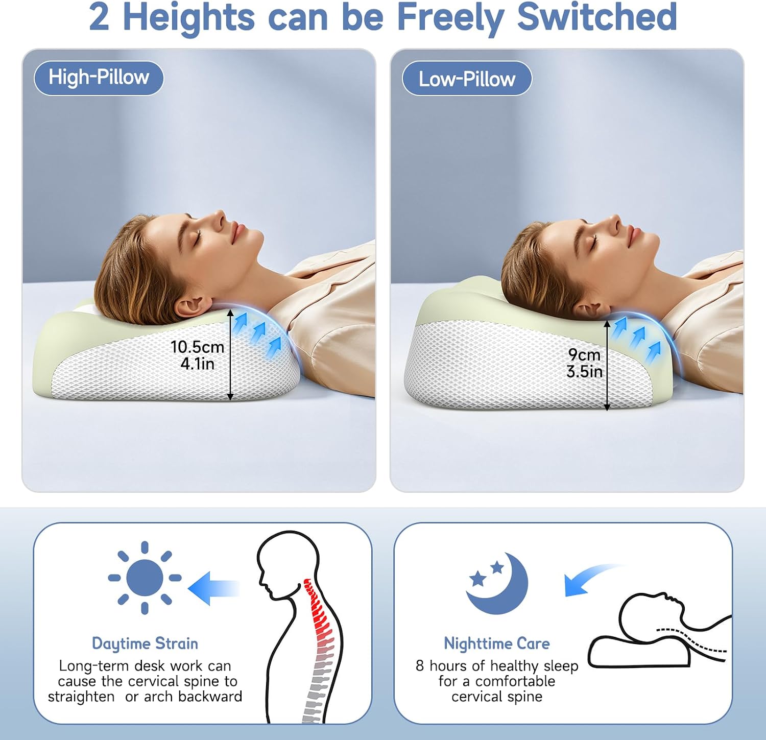 Memory Foam Cervical Pillow, Neck Comfort Support,Ergonomic High-Low Contour Neck Pillow, Supportive Sleeping Pillow for Side, Back, Stomach Sleepers, Removable Washable Cover(Green) - view 3
