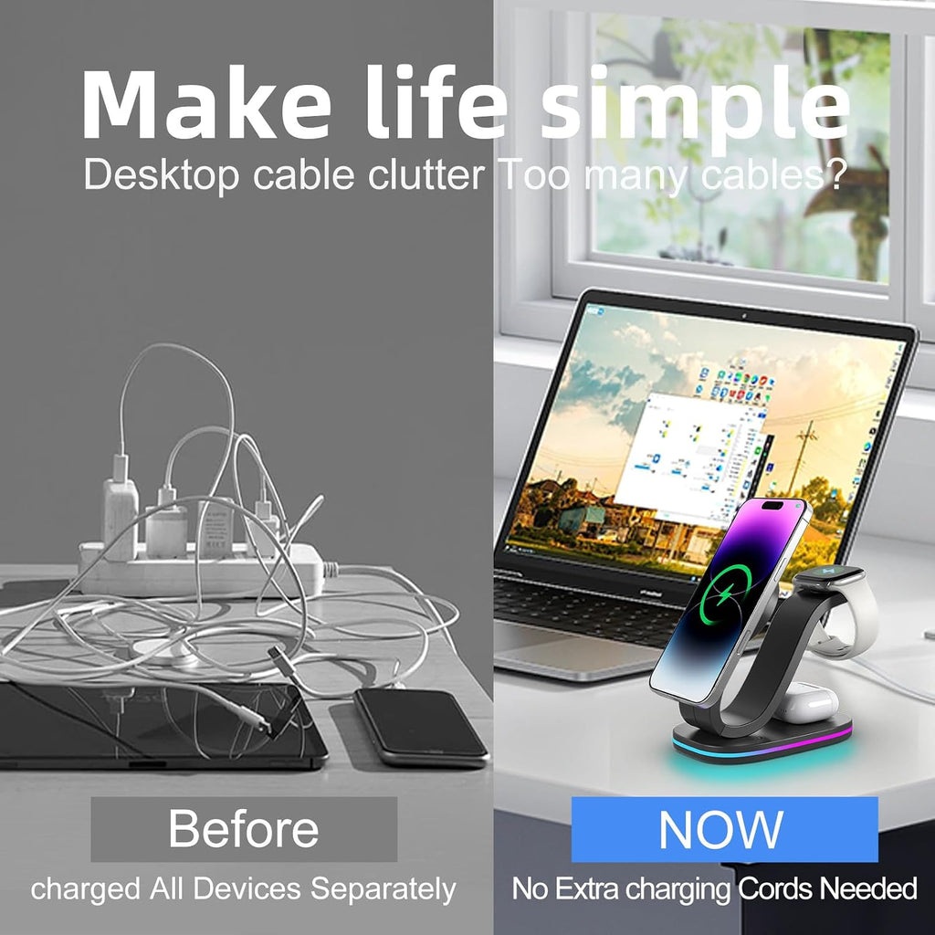 Wireless charger 3 in 1 for iPhone, magnetic charging station for Apple family with adjustable multicolor ambient light, 15W fast MagSafe charger stand, for iPhone17-12-iWatch AirPods series - view 5