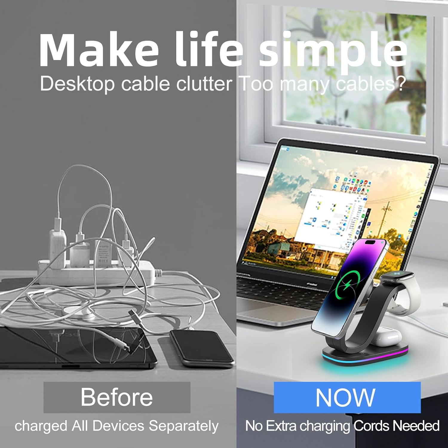 Wireless charger 3 in 1 for iPhone, magnetic charging station for Apple family with adjustable multicolor ambient light, 15W fast MagSafe charger stand, for iPhone17-12-iWatch AirPods series - view 5