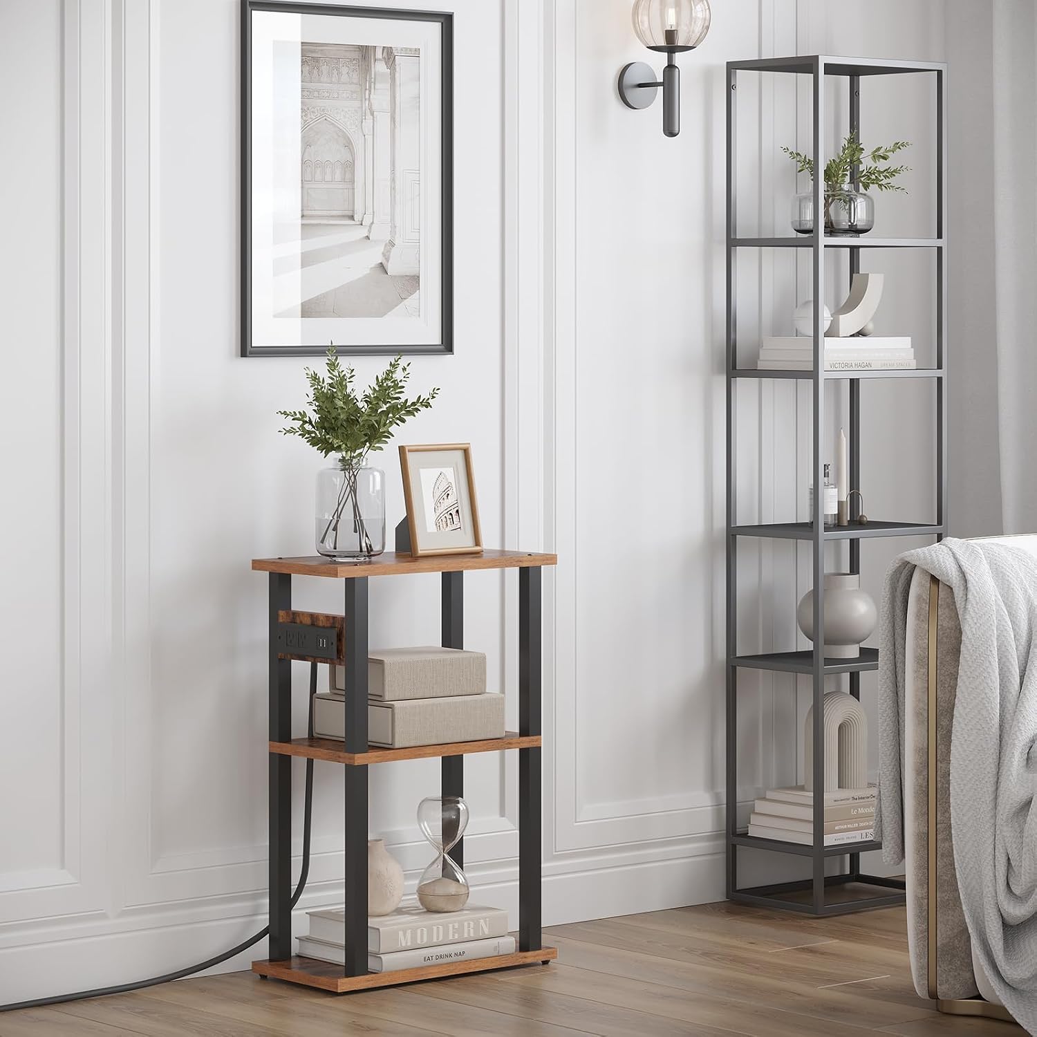 Small Narrow Side Table with Charging Station, Skinny End Table | for Small Spaces, Slim Nightstand with USB Ports and Outlet, Sofa Beside Table with Wheels, Brown TB01BB046 - view 7