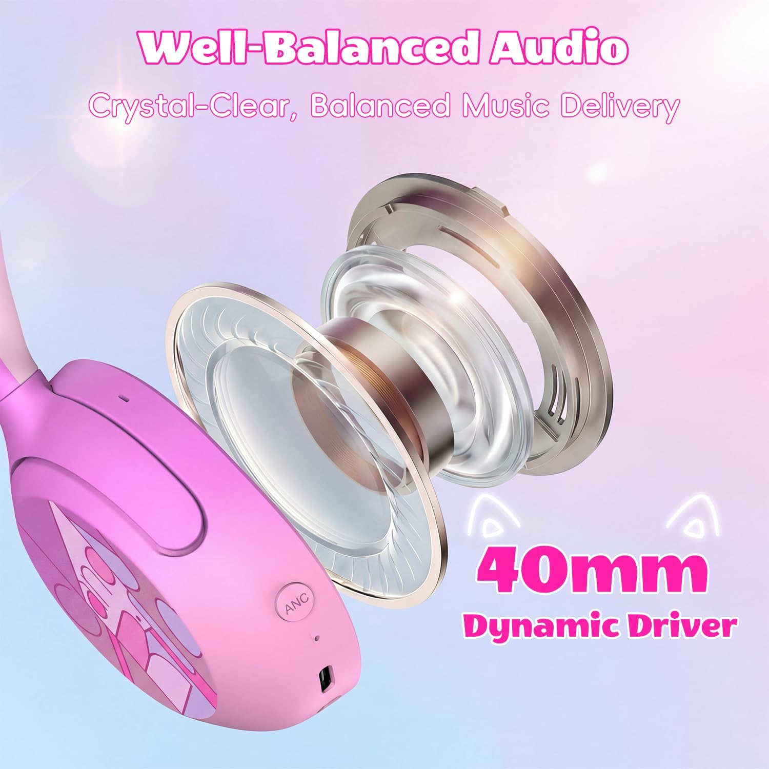 Kids Bluetooth headphones with LED cat ears, 85dB limit, pink, active noise cancelling, 40-hour playtime, Bluetooth 6.0, fast charging, built-in mic, compatible with iPad and tablets - view 6