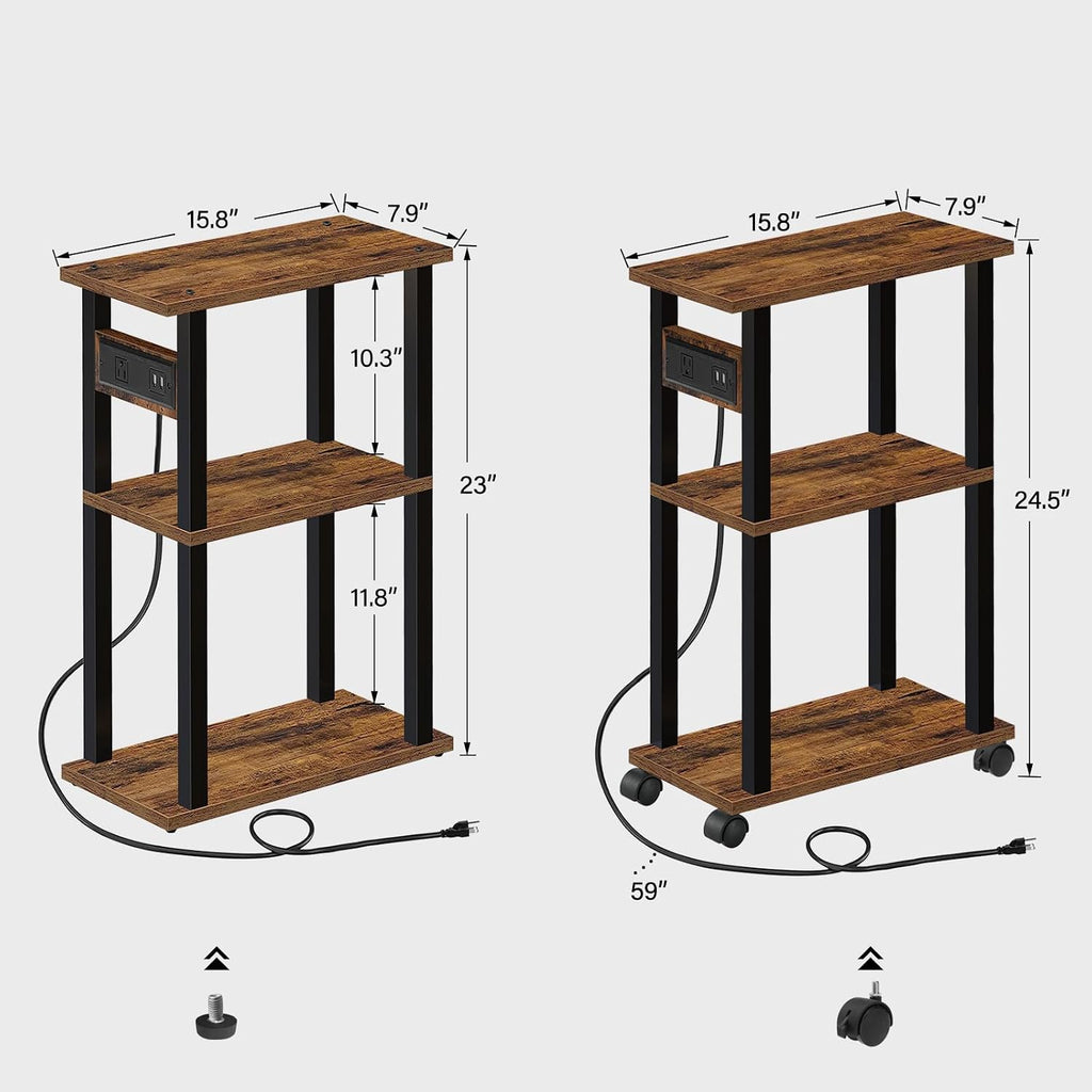 Small Narrow Side Table with Charging Station, Skinny End Table | for Small Spaces, Slim Nightstand with USB Ports and Outlet, Sofa Beside Table with Wheels, Brown TB01BB046 - view 3