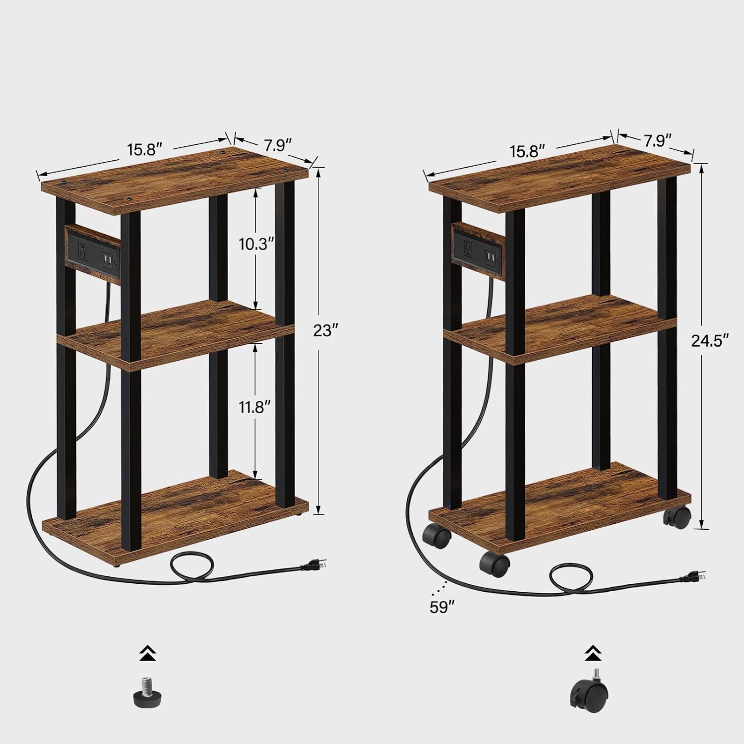 Small Narrow Side Table with Charging Station, Skinny End Table | for Small Spaces, Slim Nightstand with USB Ports and Outlet, Sofa Beside Table with Wheels, Brown TB01BB046 - view 3