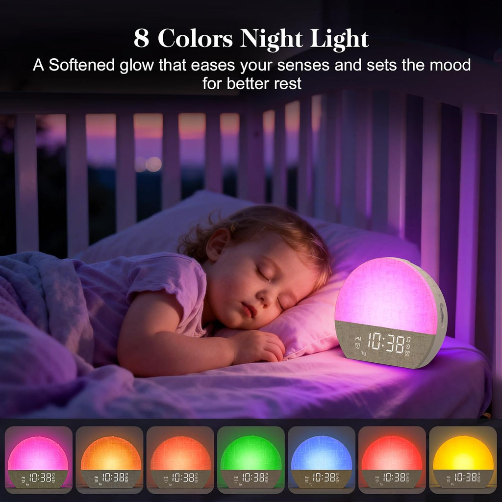 Sunrise alarm clock sound machine with dual alarm for heavy sleepers | 30 soothing sleep sounds & dimmable night light, natural wake-up light for bedrooms, baby rooms, dorms, kids & adults, gift - view 6