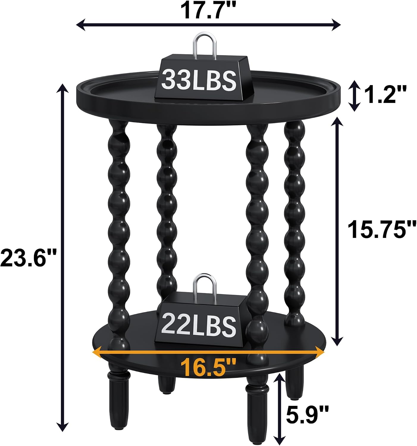 2 Tier Round Side Table with Storage Shelf,Accent Tray End Table with Modern Pedestal Legs, Nightstand Bedside Sofa Table for Living Room Bedtoom Apartment, Black - view 2