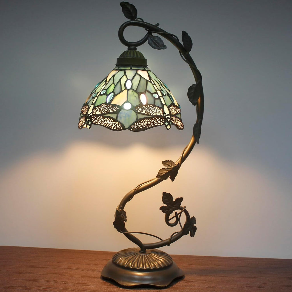 Tiffany Lamp Sea Blue Stained Glass Dragonfly Style Table Light | Metal Leaf Desk Reading Lamp Base 8X10X21 Inches Decor Small Space Bedside Bedroom Home Office S147 Series - view 8