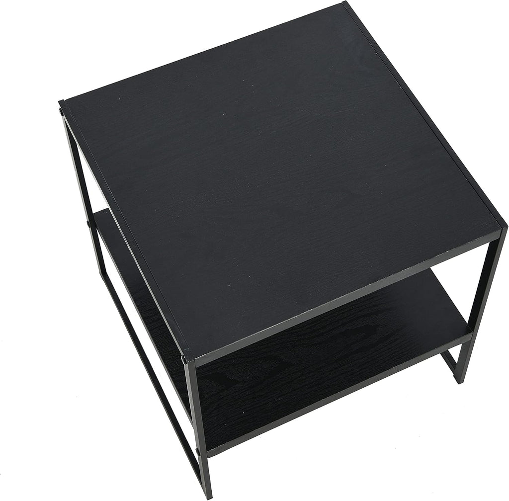 Square Side End Table with Storage Shelf, Oak Wood Grain and Black Metal Frame, Black - view 6