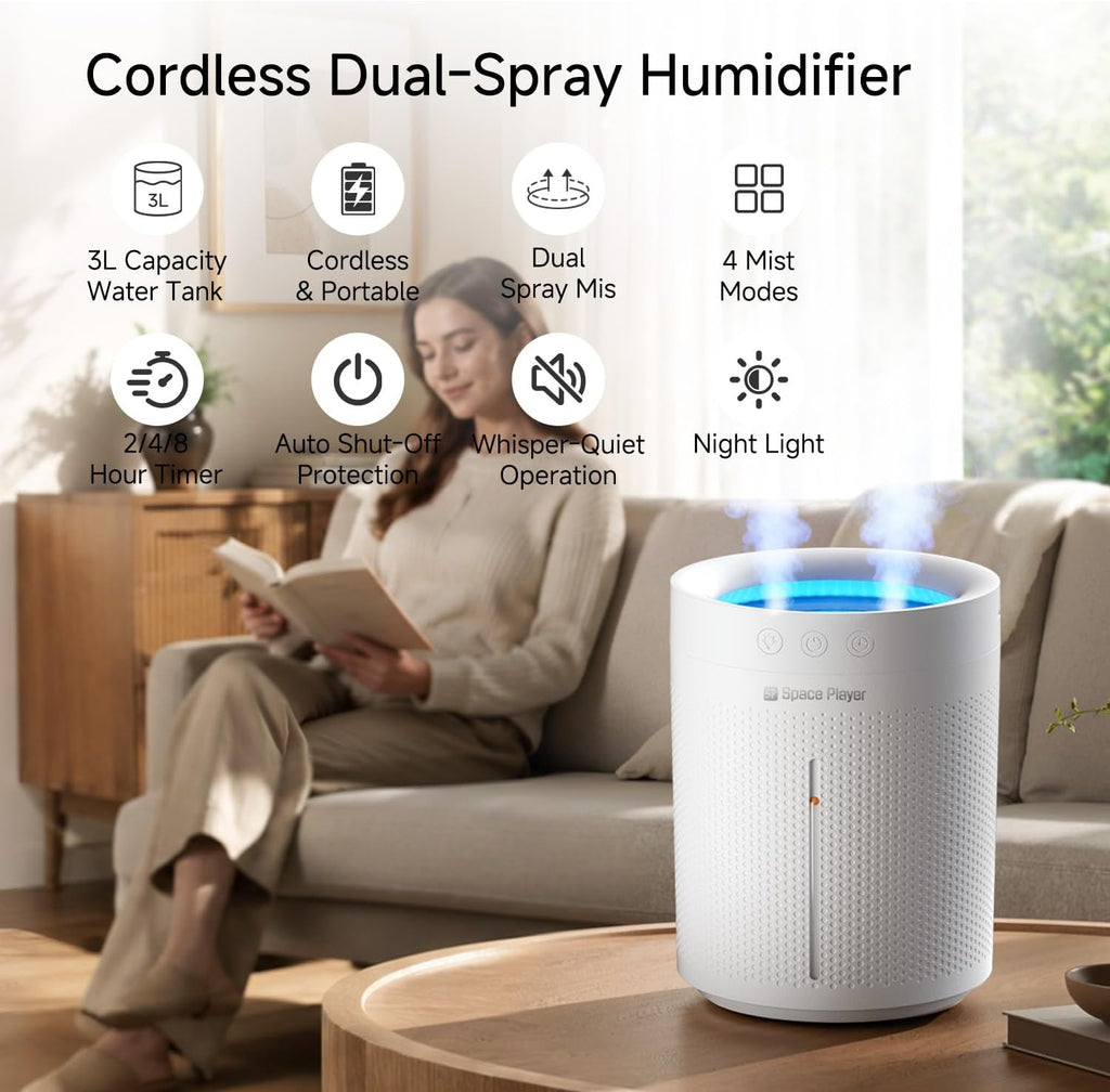 Cordless Air Humidifier for Bedroom Baby, 3L Top Fill Dual Spray Portable | Tap & mineral water safe: easy clean 3L cordless home humidifier with dual spray, 4000mAh battery, 30H & auto shut-off - view 2