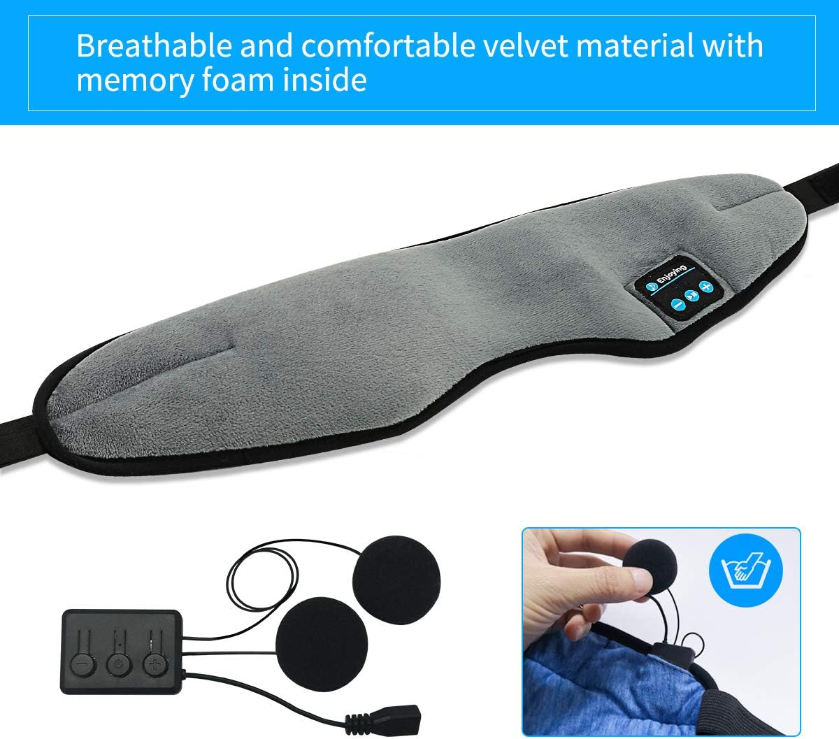 Wireless Sleep Mask,SKEYEOL Sleep Headphones,Adjustable&Washable Music Travel Sleeping Headset with Built-in Speakers Microphone Hands-Free for Air Travel,Siesta and Sleeping Grey - view 3