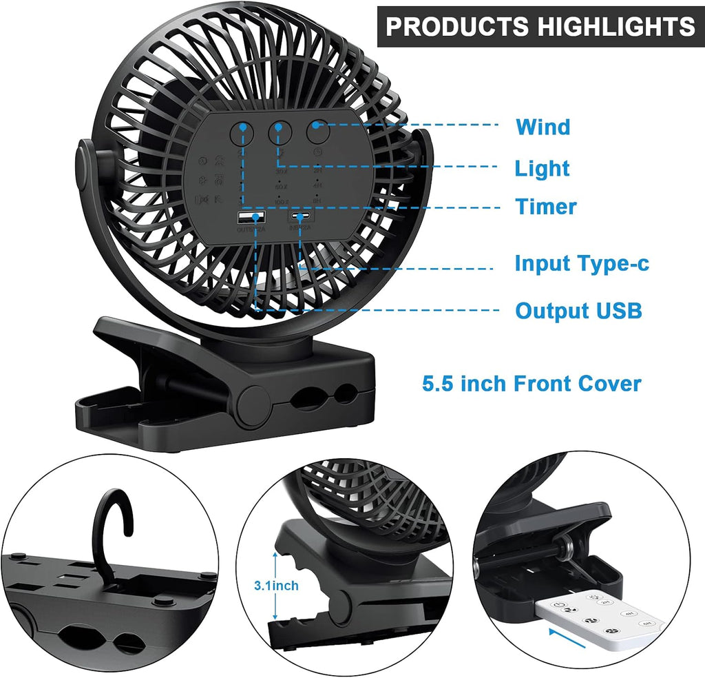 Portable fan with remote control & timer & LED lights, 60hrs 12000mAh USB rechargeable battery, clamp/hanging/stand up, small clip on fan for baby stroller, bed, desk, camping tent, travel - view 3