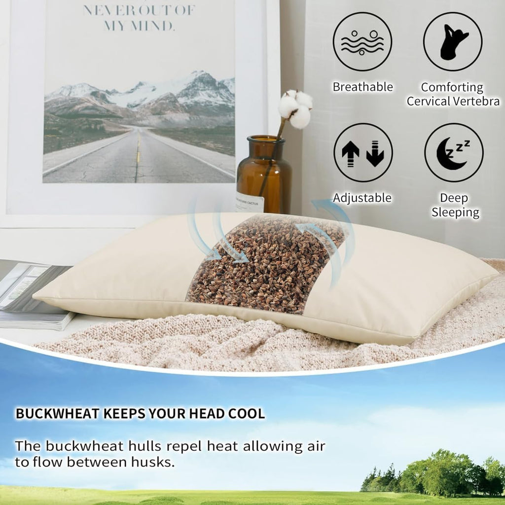 Organic Buckwheat Pillow for Sleeping with Organic Cotton Pillowcase | Kids/Travel Size 11''x16'' Adjustable Firmness & Height for Neck Pain Relief, Buckwheat Travel Pillow For Side/Back Sleepers - view 7