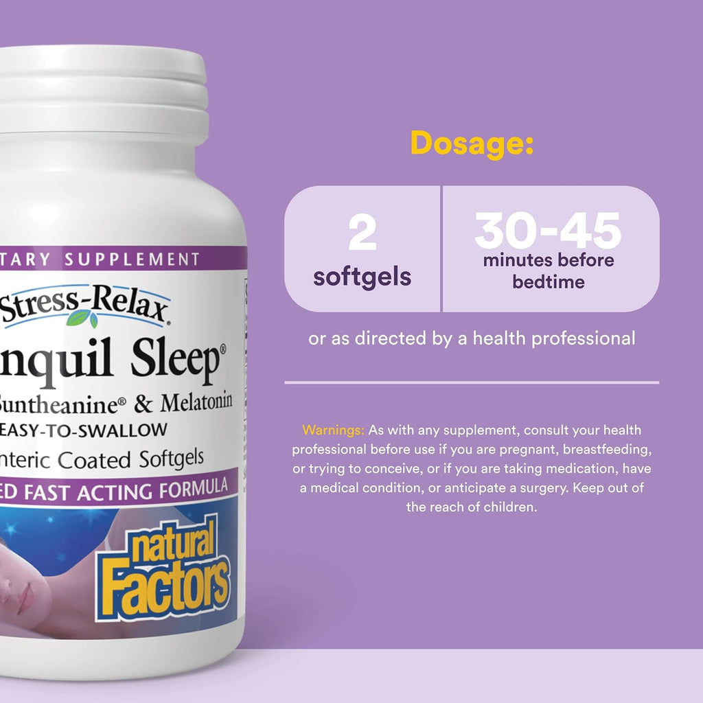 Stress-relax tranquil sleep by Natural Factors, sleep aid with Suntheanine L-theanine, 5-HTP, melatonin, 90 softgels - view 3