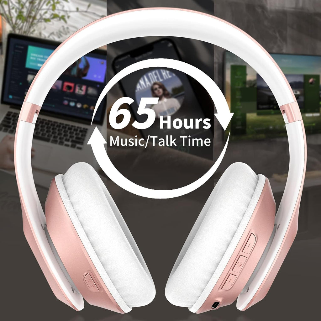 Wireless Bluetooth headphones over ear 65H playtime HiFi stereo headset with microphone and 6EQ modes foldable Bluetooth V6.0 headphones for travel smartphone computer laptop rose gold - view 3