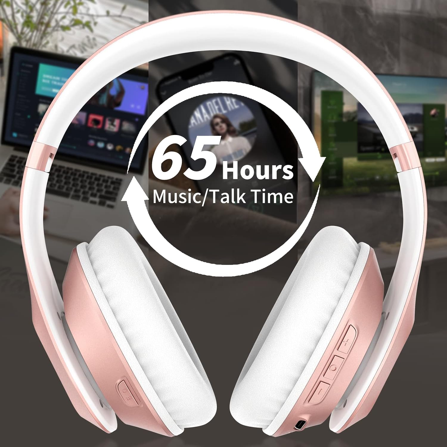 Wireless Bluetooth headphones over ear 65H playtime HiFi stereo headset with microphone and 6EQ modes foldable Bluetooth V6.0 headphones for travel smartphone computer laptop rose gold - view 3
