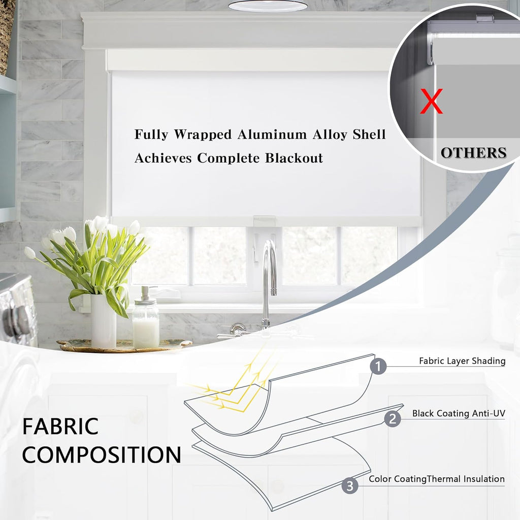 Cordless Blackout Roller Shades, 46" W x 72" H, White | Cordless Free-Stop Design, Built-in Valance, Thermal Insulated Fabric, UV Protection for Home & Office - view 4
