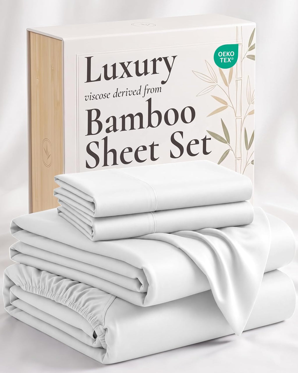 4 piece bed sheet set queen size, 100% viscose derived from bamboo sheets set with 2 pillowcases, cooling & breathable luxury bedding, moisture-wicking & silky soft texture, white