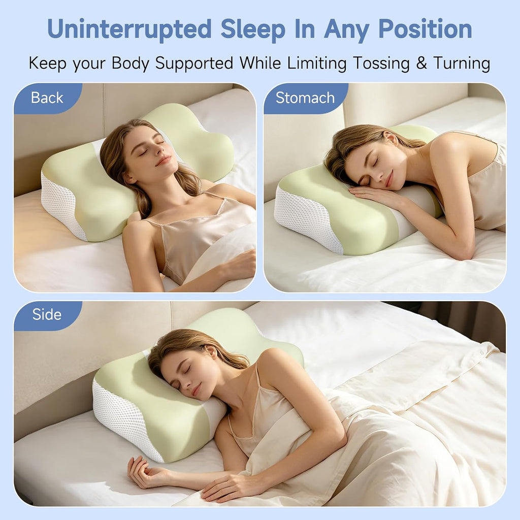 Memory Foam Cervical Pillow, Neck Comfort Support,Ergonomic High-Low Contour Neck Pillow, Supportive Sleeping Pillow for Side, Back, Stomach Sleepers, Removable Washable Cover(Green) - view 8