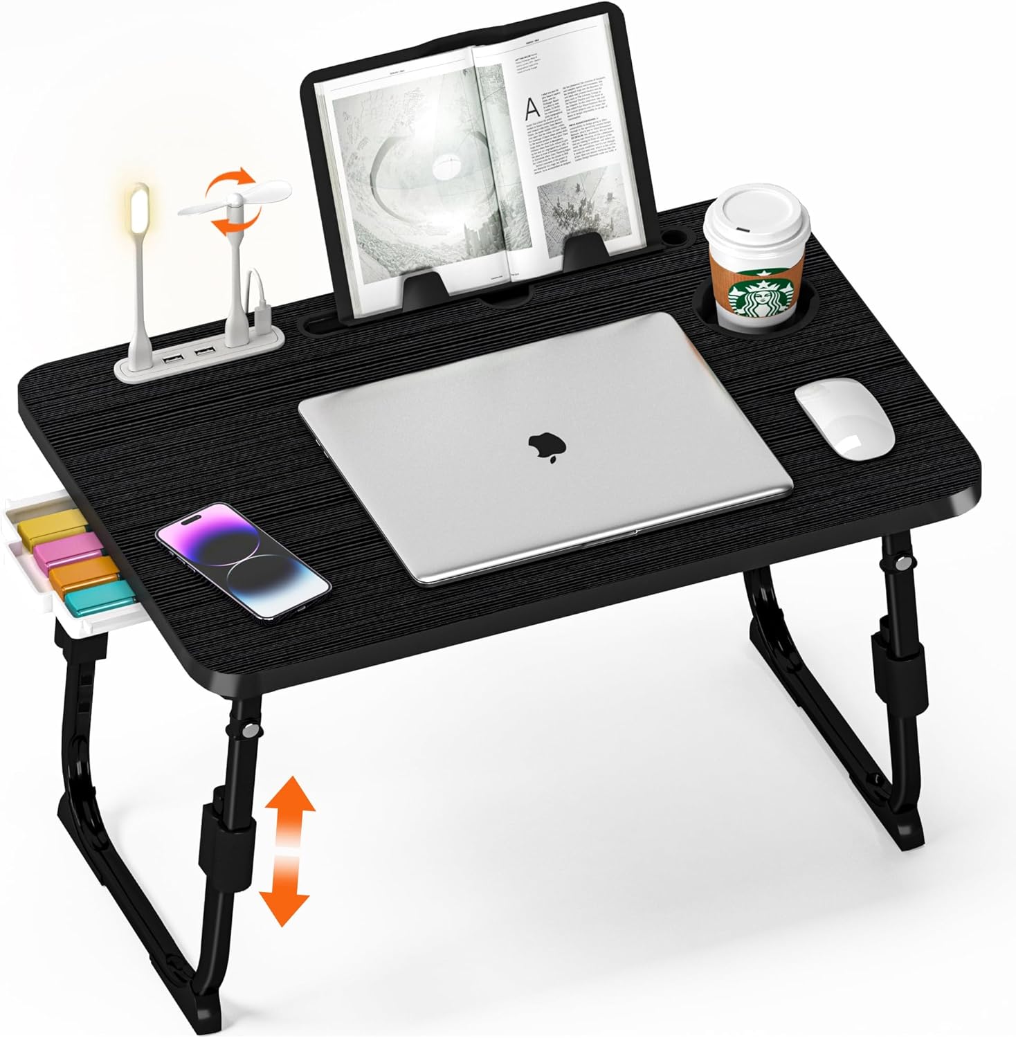 Lap desk for bed adjustable height with USB port 23.6" x15.7" desktop storage drawer, bookshelf, fits 17" laptop, for couch WFH study, foldable non-slip no assembly sturdy lightweight black