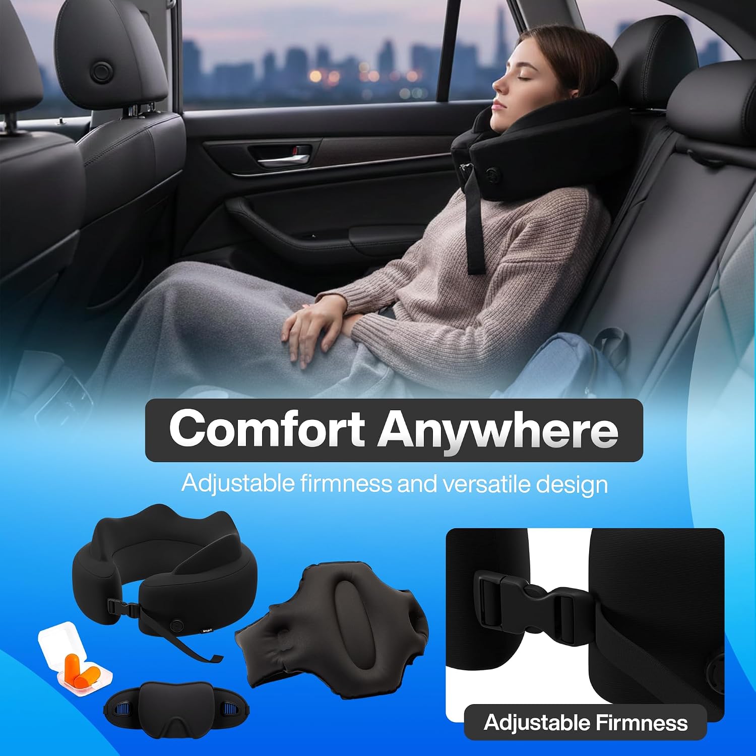 4-in-1 Travel Set – Inflatable Neck Pillow, Convertible Lumbar Support & Foot Hammock, 3D Sleep Mask & Ear Plugs – Complete Comfort Kit for Airplane, Office & Car – Gift-Ready (Black) - view 8
